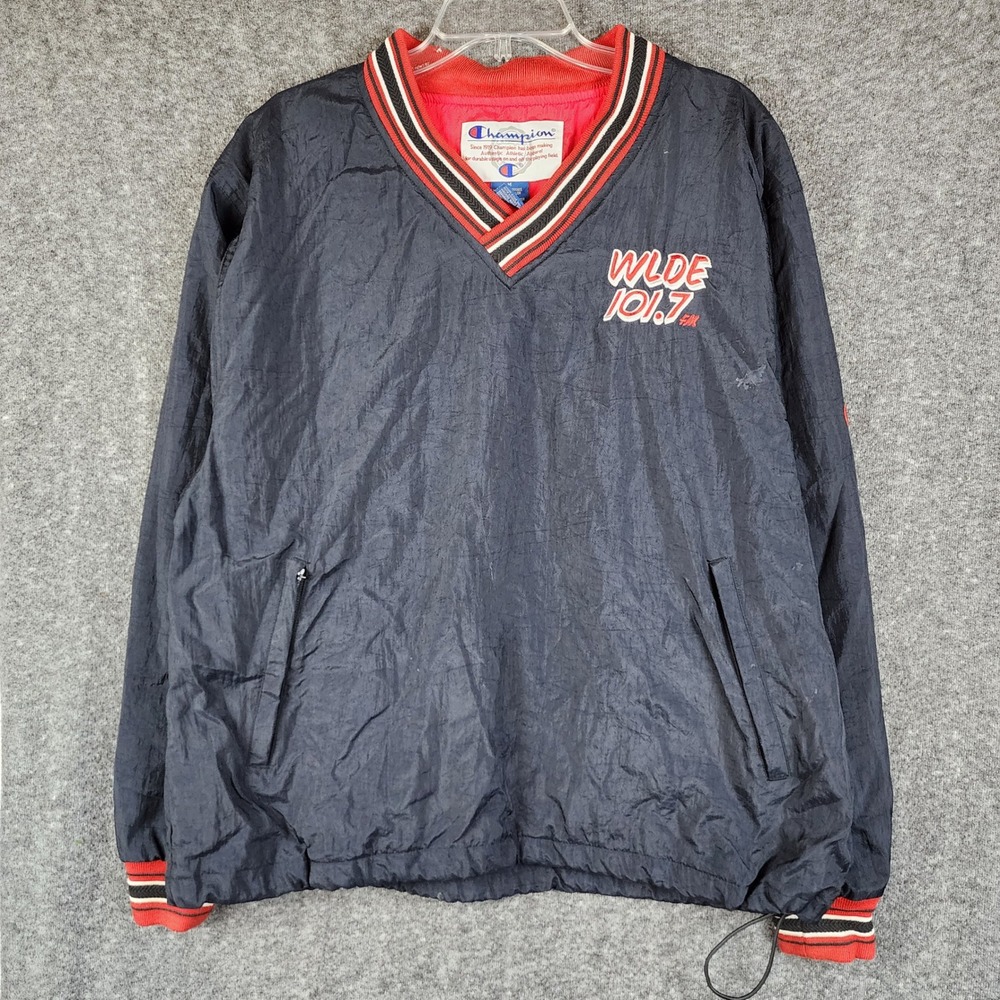 Champion Windbreaker Mens M Pullover Navy Blue WLDE 101.7 FM Radio EUC